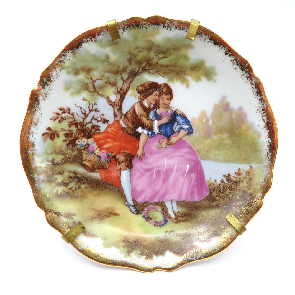 Vintage RP Limoges Fragonard Miniature Plate & Gold Stand French Courting Couple